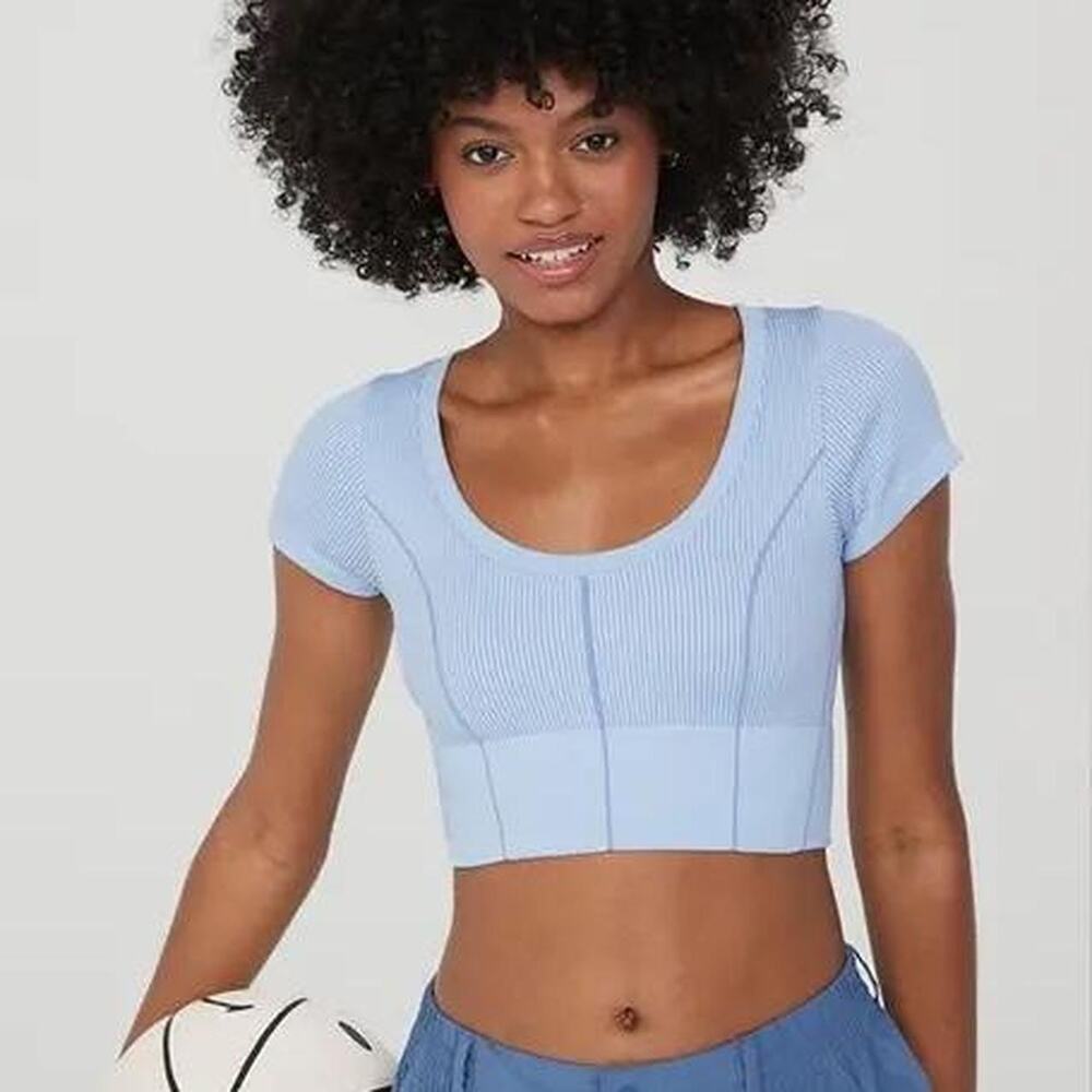 Aerie Offline Blue Ribbed Fitted Short Sleeve Top Size Medium